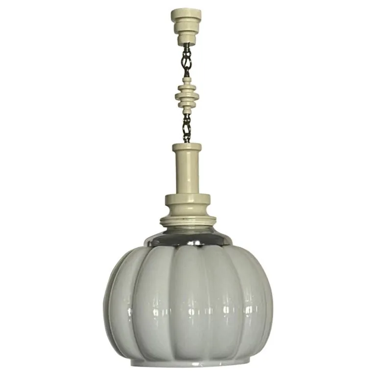 Italian Murano White Glass Pendant Light with Wood and Chrome